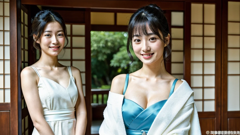 masterpiece,best quality,high resolution,8K,Realistic face,Realistic skin texture,magnified textures, 1 girl,Journalist girl, 19 years old,detailed eyes,Meiji period,geisha、Maiko、standing,erotic pose,black hair,Straight Hair、 pale skin、(big breasts),(Open chest)、(from front)、Elegant kimono、smile、shy,slim body,beautiful kanzashi,single eyegrid eyes,beautiful eyes,Holding a white towel、,look at viewer、straight nose、 live in a modest Japanese-style house.