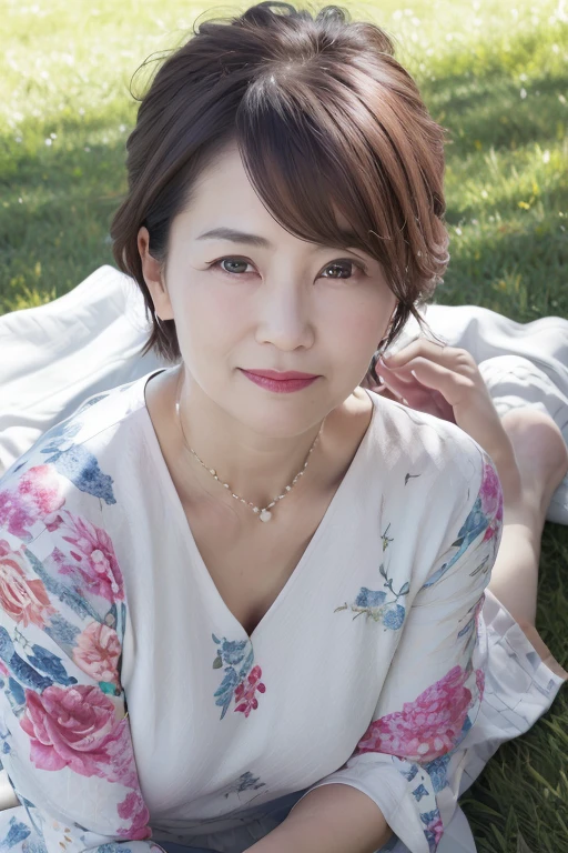Beautiful mature 55 year old Japanese woman, Married women, Fine Lines, Long eyelashes, Shining Eyes, Bob Cut Hair, Red lipstick, elegant, Gorgeous figure, Pearl Necklace, Summer clothes, Low-cut blouse, Floral print slit skirt, whole body, Light of the sun, lying on the green grass, Sleep on your back, , (Highest quality,4K,8K,High resolution,masterpiece:1.2),Very detailed,(Realistic,photoRealistic,photo-Realistic:1.37),High resolution,超High resolution,Studio Lighting,Ultra-fine painting,Sharp focus,Physically Based Rendering,Very detailed説明,Professional,Vibrant colors,Bokeh,Portraiture