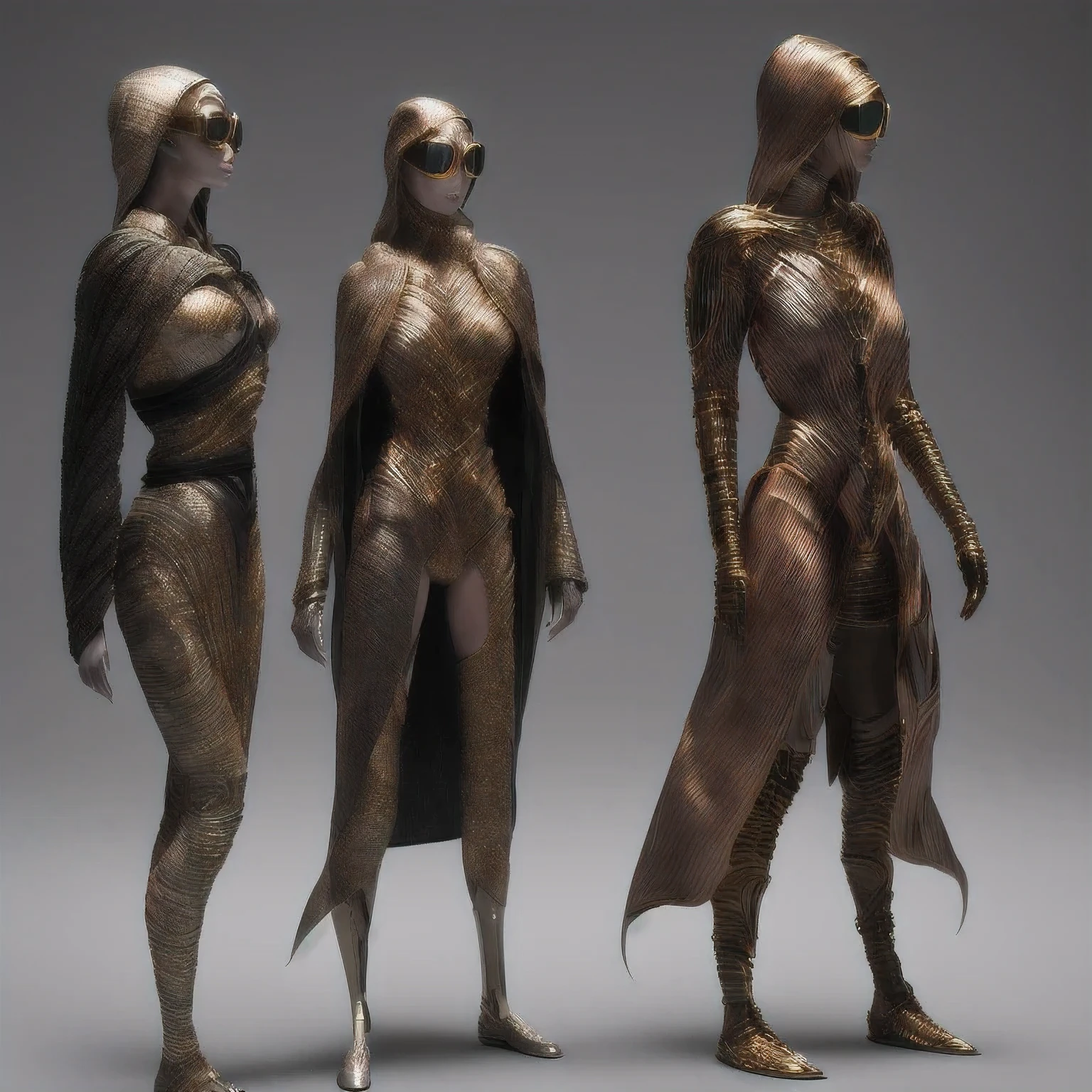 Three-headed body suit copper and gold wire diamond Maya star,Coarse linen cloak rainbow hood platinum silk cyberpunk light crossbow space station 1:900 miniatures,Leather illustration,Side viewing angle,((Side viewing angle)),Wear gold wire-rimmed reflective sunglasses,Carry future weapons,very happy,Side viewing angle,whole body,Stereo,(Nautilus)Octane Rendering,Perfect face,Collagen texture,