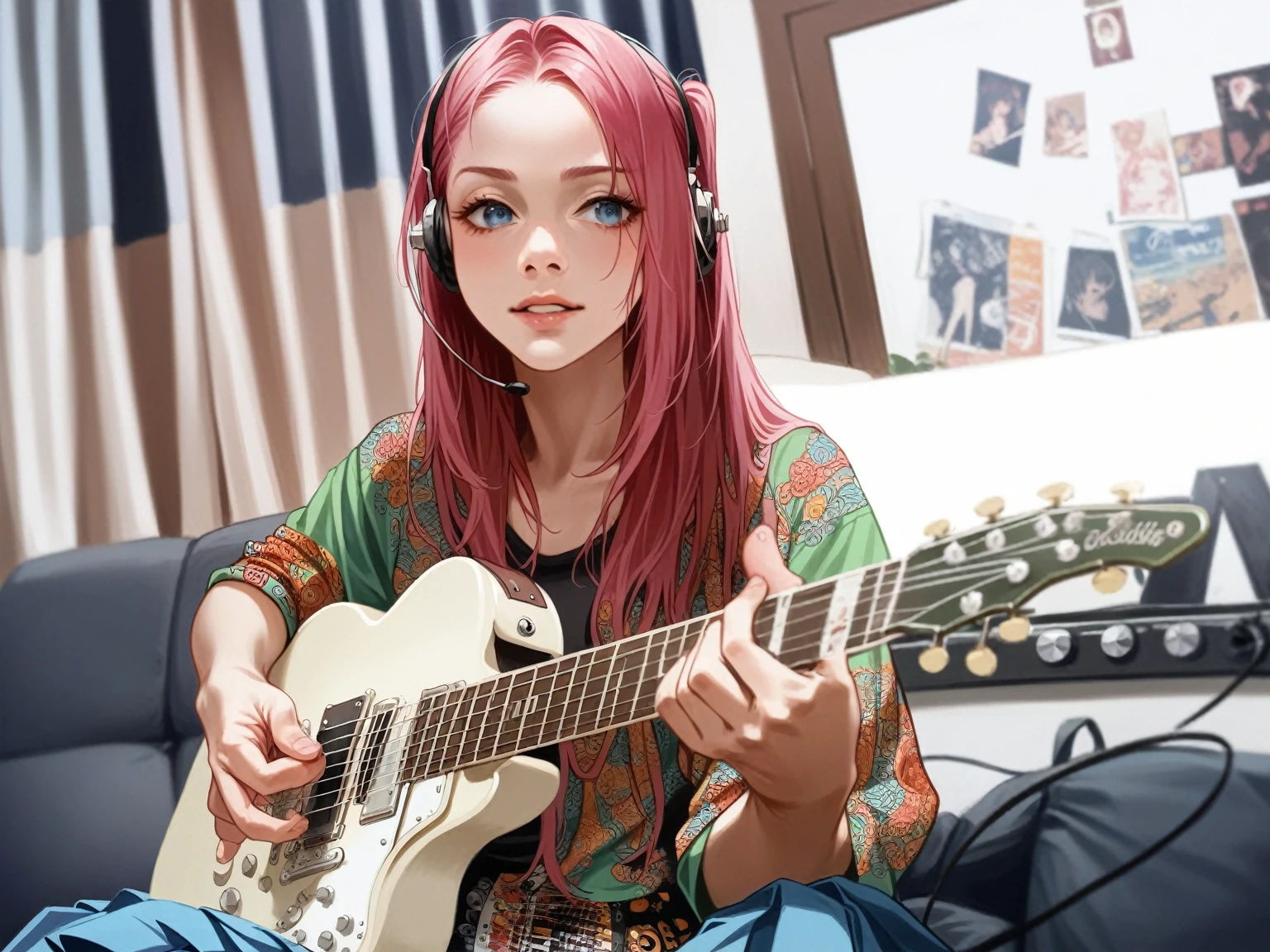 ((masterpiece,best quality))1girl, solo, black skirt, blue eyes, electric guitar, guitar, headphones, holding, holding plectrum, instrument, long hair, , music, one side up, pink hair, playing guiter, pleated skirt, black shirt, indoorsï¼(Unreal Engine Rendering: 1.1),(realistic, photo-realistic:1.1),(super detail: 1.2), very clear, film level lighting, 4k, masterpiece,high resolution, skin texture,