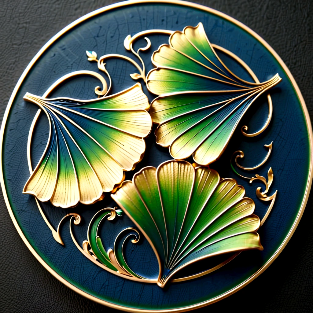 kamon,an indigo-green circle with a leaf pattern in the middle showing 3 gingko leaves growing towards each other with Japanese finger waves reaching into the gaps, inspired by Masamitsu Ōta, inspired by Katsushika Ōi, intricate art deco leaf designs, inspired by Shūbun Tenshō, inspiriert von Ogata Kōrin, inspired by Ogata Gekkō, inspired by Sakai Hōitsu
