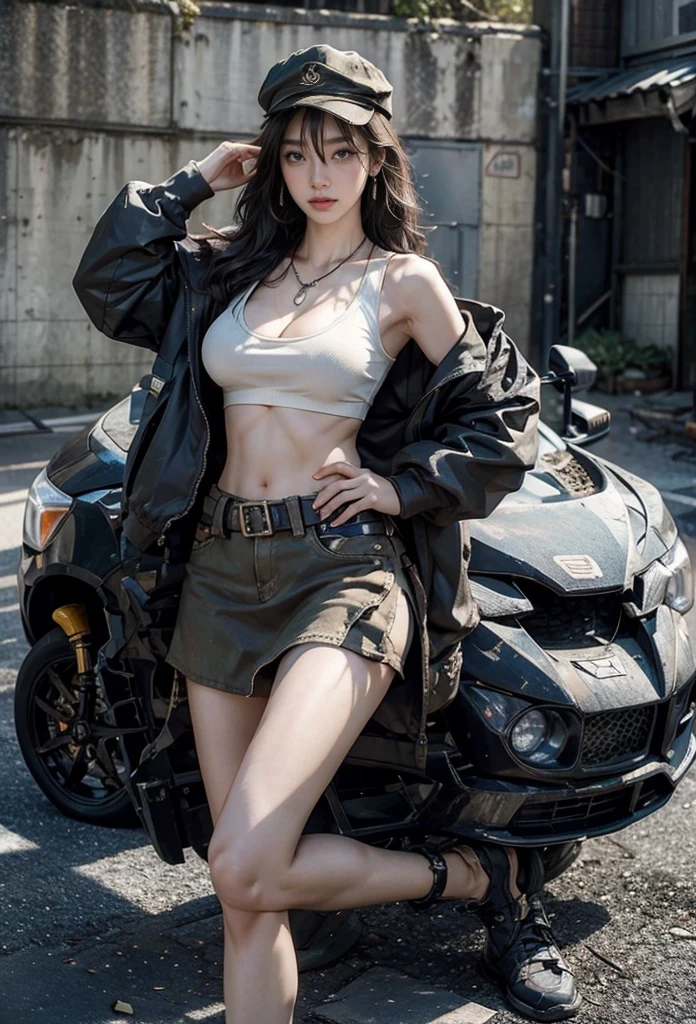 (photography:1.3, 16K, best quality, masterpiece, Ultra-high resolution), full-body shot，Japanese Beauty，Perfect dynamic composition:1.2, Very detailedな肌と顔の質感:1.2, covered in wounds:1.2, (Post-apocalyptic world:1.0, In stark contrast to the desolate background:1.0, Adding destructive elements:1.0, There are debris and impurities scattered around:1.0), (Dynamic poses:1.0, 专业photography工作:1.0, Aim the gun at you:1.0), Very detailed, Beautiful Japanese women serving in the United States, Ultra-thin body, White skin, Very beautiful face, Serious expression, (Automatic Rifle:1.0, Bulletproof vest:0.5, torn military uniform:1.0, Backpack:0.5, boots:0.5), Full breasts, Chest space, Big eyes that exude beauty, Lips that radiate beauty, Cowboy shooting, necklace, earrings, bracelet, Tattoo, Military cap