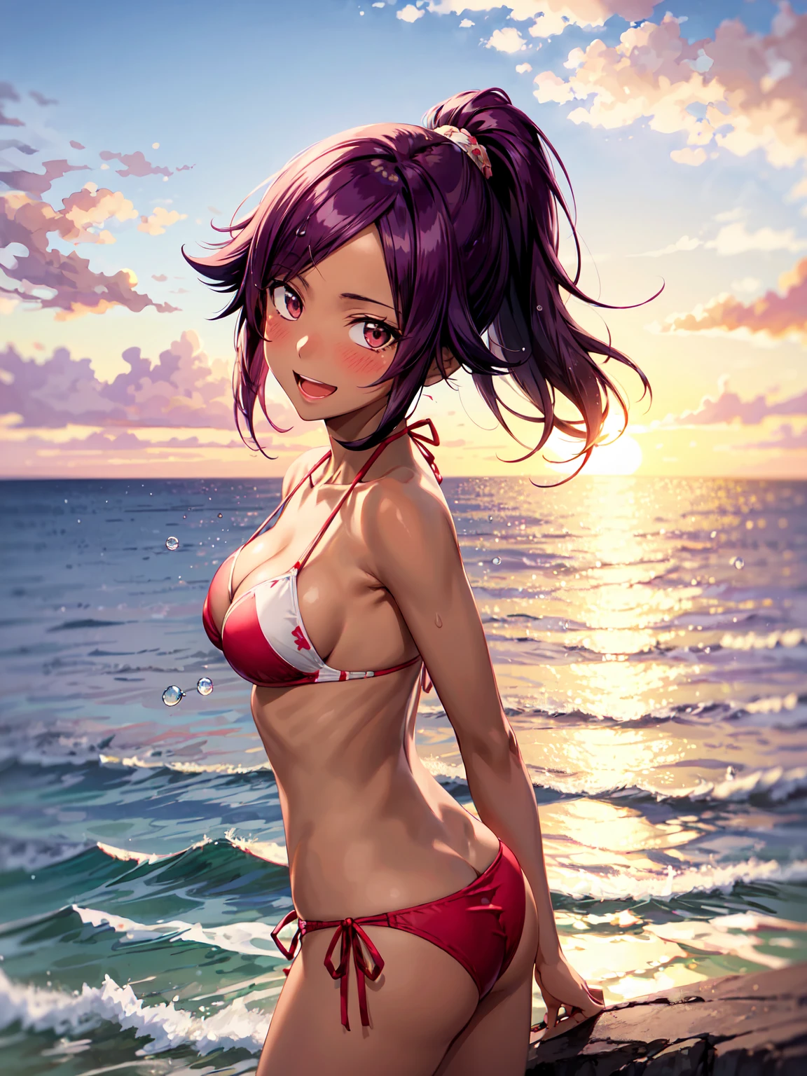 Masterpiece ,best quality , high resolution , (1 girl solo:1.38) , (Yoruichi , long hair, purple hair, ponytail, dark-skinned female, parted bangs), tall, slim body) , (wear bikini , head tilt) , (cleavage:1.2) , (medium breast:1.28) , (arms behind back , hand behind back) , (outdoor , sunset , dusk , on neach , sea , ocean , romance light , water , mositure , droplet) , (standing cowboy shot) , ( full face blush , shy , smile , open mouth) , (front view, face view , look at viewer)