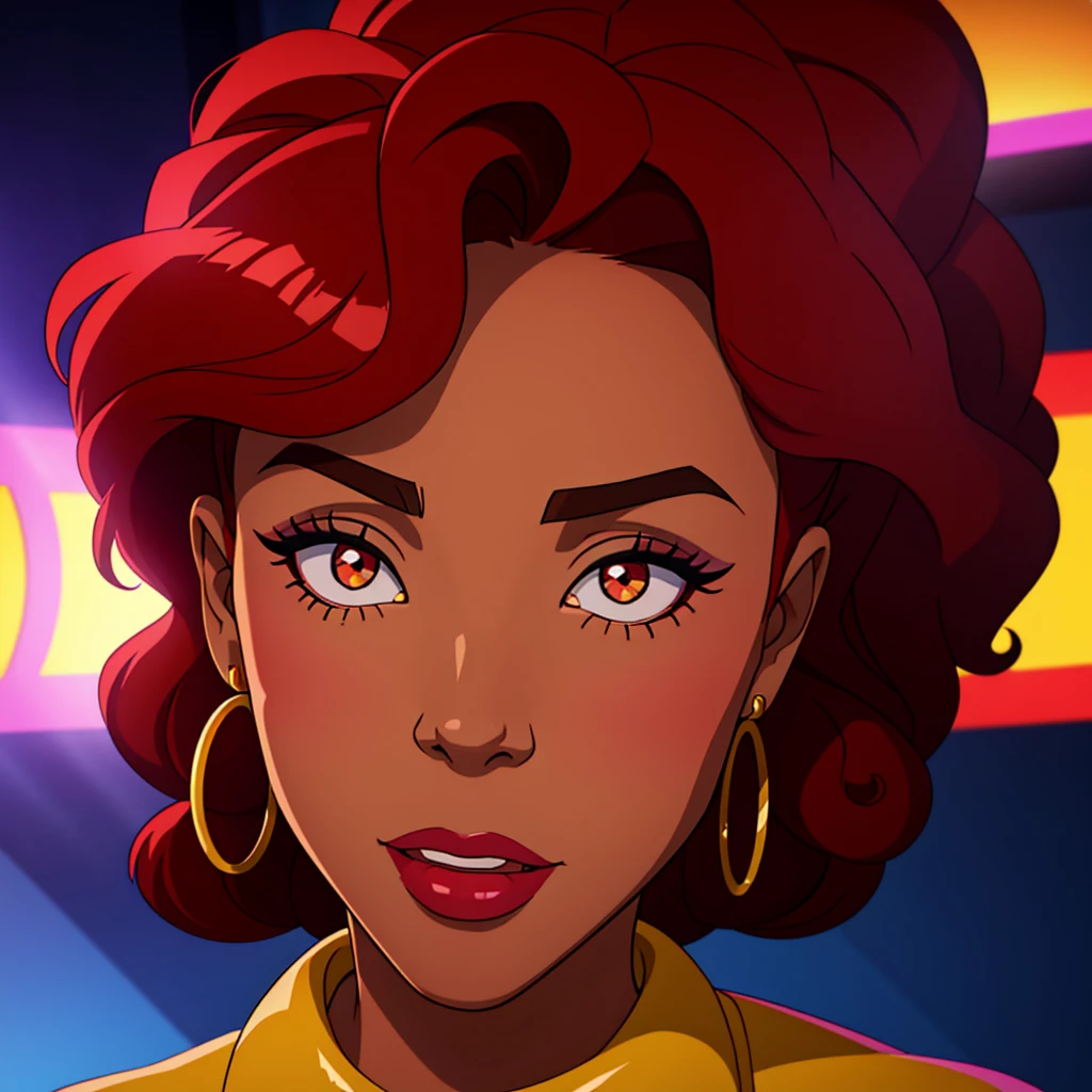 Create a close-up face portrait of a fictional 1970s African-American female R&B superstar named Ruby Roux. She has vibrant red curly hair, expressive brown eyes, and a radiant smile. Ruby wears bold makeup typical of the 1970s, including dramatic eyeliner and red lipstick. She is adorned with large hoop earrings and a glittery outfit that reflects the flashy style of the era. The background should feature a blurred colorful stage with vintage lights, adding to the retro and glamorous atmosphere. cinematic action, cinematic lighting, backlighting, masterpiece, anatomically correct, textured skin, super detail, 8k atmospheric perspective, depth of field,