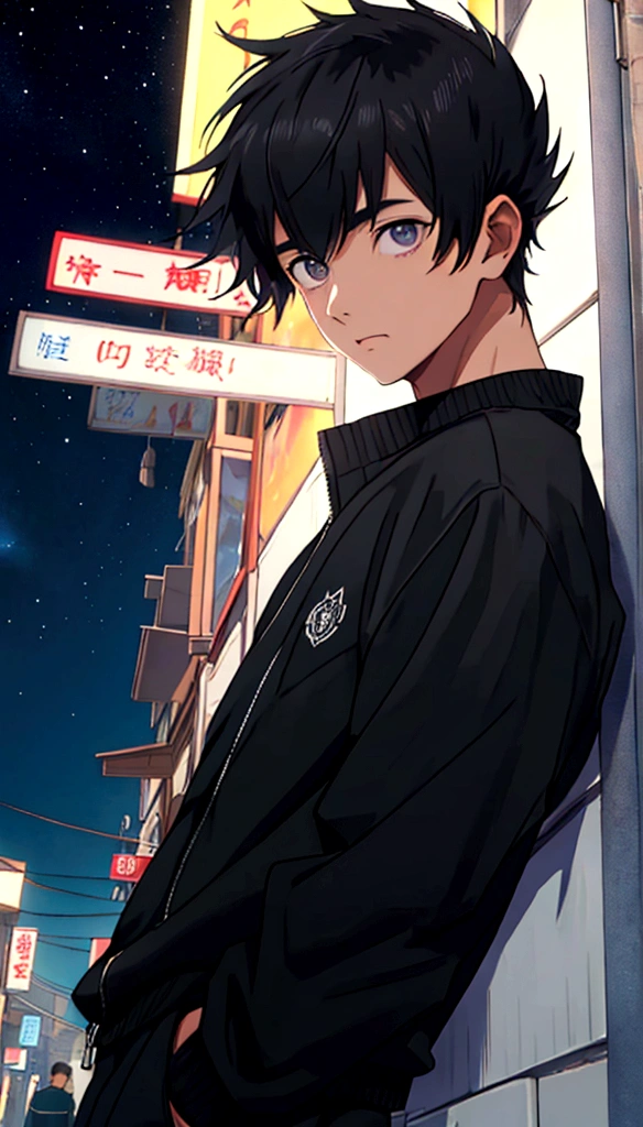 masterpiece、adult、３０Generational Uncle、Twink、amount、30 years old、Black-haired、Black jacket、Black trousers、White T-shirt、Put your bangs up、amountを突き出す、Twink、Detailed drawn eyes、Handsome、In the city、Starry Sky、Mysterious Light、Dramatic Light、The power of film、