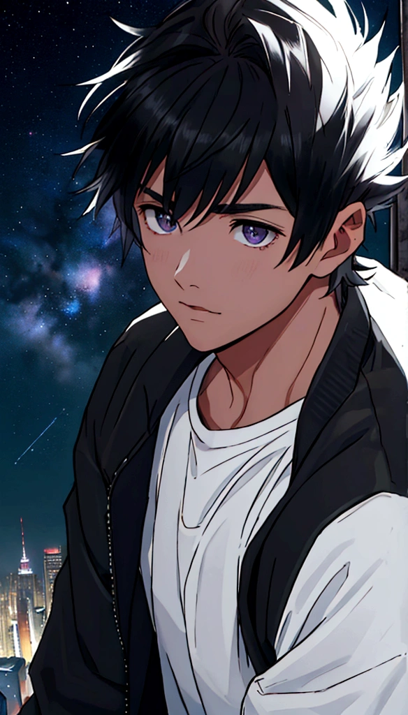 masterpiece、adult、３０Generational Uncle、Twink、amount、30 years old、Black-haired、Black jacket、Black trousers、White T-shirt、Put your bangs up、amountを突き出す、Twink、Detailed drawn eyes、Handsome、In the city、Starry Sky、Mysterious Light、Dramatic Light、The power of film、