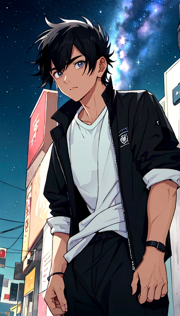 masterpiece、adult、３０Generational Uncle、Twink、amount、30 years old、Black-haired、Black jacket、Black trousers、White T-shirt、Put your bangs up、amountを突き出す、Twink、Detailed drawn eyes、Handsome、In the city、Starry Sky、Mysterious Light、Dramatic Light、The power of film、