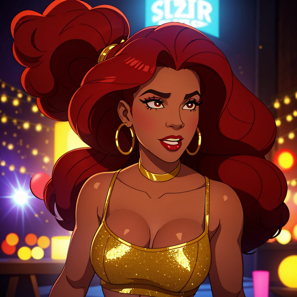 Create a close-up face portrait of a fictional 1970s African-American female R&B superstar named Ruby Roux. She has vibrant red curly hair, expressive brown eyes, and a radiant smile. Ruby wears bold makeup typical of the 1970s, including dramatic eyeliner and red lipstick. She is adorned with large hoop earrings and a glittery outfit that reflects the flashy style of the era. The background should feature a blurred colorful stage with vintage lights, adding to the retro and glamorous atmosphere. cinematic action, cinematic lighting, backlighting, masterpiece, anatomically correct, textured skin, super detail, 8k atmospheric perspective, depth of field,