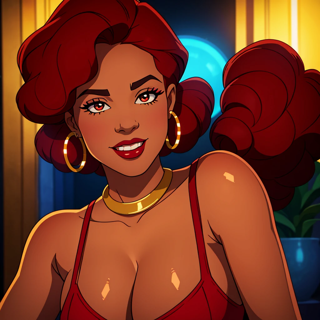 Create a close-up face portrait of a fictional 1970s African-American female R&B superstar named Ruby Roux. She has vibrant red curly hair, expressive brown eyes, and a radiant smile. Ruby wears bold makeup typical of the 1970s, including dramatic eyeliner and red lipstick. She is adorned with large hoop earrings and a glittery outfit that reflects the flashy style of the era. The background should feature a blurred colorful stage with vintage lights, adding to the retro and glamorous atmosphere. cinematic action, cinematic lighting, backlighting, masterpiece, anatomically correct, textured skin, super detail, 8k atmospheric perspective, depth of field,