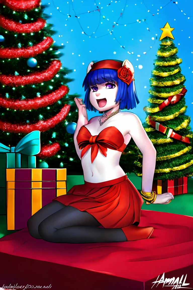 1 Girl, Bangs, Blue Hair, bow, Box, bracelet, Christmas, Christmas tree, Cowboy shooting, skirt, earrings, Fishing Net, flower, Gift, Gift Box, Hair accessories, Hamel, Jewelry, Looking at the audience, Colorful hair, necklace, Pantyhose, Open your mouth, Purple Eyes, red skirt, Ribbon, Rose, short hair, Smile, Solitary, High Leg Raise