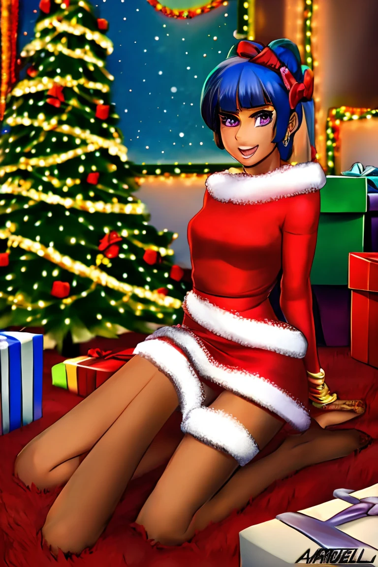 1 Girl, Bangs, Blue Hair, bow, Box, bracelet, Christmas, Christmas tree, Cowboy shooting, skirt, earrings, Fishing Net, flower, Gift, Gift Box, Hair accessories, Hamel, Jewelry, Looking at the audience, Colorful hair, necklace, Pantyhose, Open your mouth, Purple Eyes, red skirt, Ribbon, Rose, short hair, Smile, Solitary, High Leg Raise