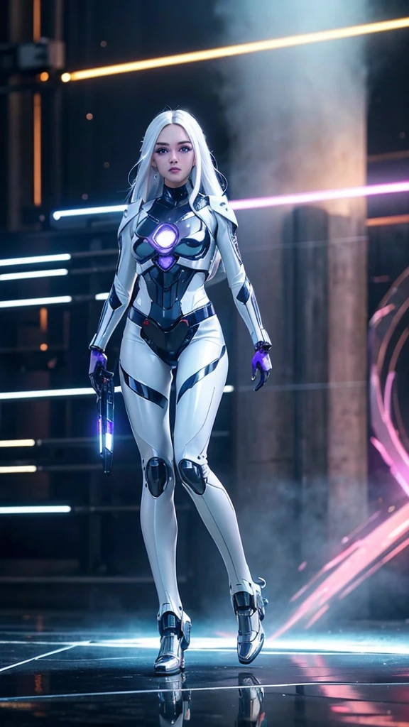 1girl, ultra realistic, ultra crisp, NVIDIA RTX, unreal engine, perfect slim body, realistic face, perfect face, realistic body, ultra skin details, ultra skin reflection details, white hair, hair blown with strong winds, hyper lights rendering, ultra details, glowing eyes, purple eyes, blush, parted lips, cybernetic ear, cinematic lights, glowing cybernetic metalic hands, glowing cybernetic metalic legs, luminous cybernetic futuristic metalic mechanical body, ultra realistic lights reflection details, ((full body shown)), from below, posing in the middle.