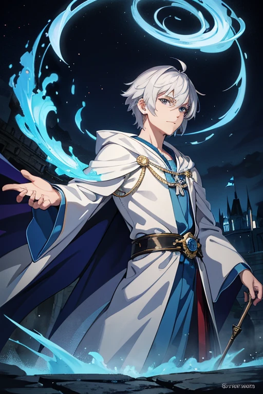 masterpiece, Highest quality, High resolution,Anime Style、Silver Hair、Short Hair、male、Wizard、Robe、magic、Blue Flame、With an ancient castle in the background、With a long cane