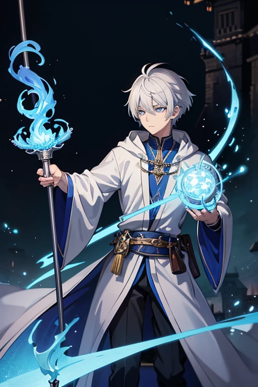 masterpiece, Highest quality, High resolution，Anime Style、Silver Hair、Short Hair、male、Wizard、Robe、magic、Blue Flame、With an ancient castle in the background、With a long cane