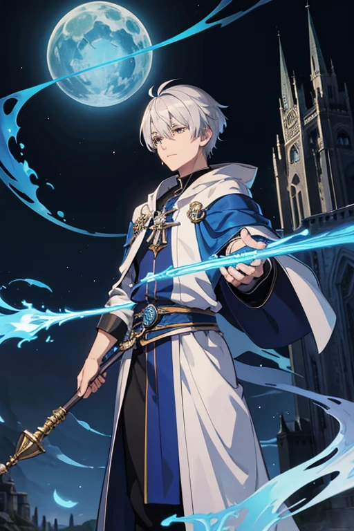 masterpiece, Highest quality, High resolution，Anime Style、Silver Hair、Short Hair、male、Wizard、Robe、magic、Blue Flame、With an ancient castle in the background、With a long cane