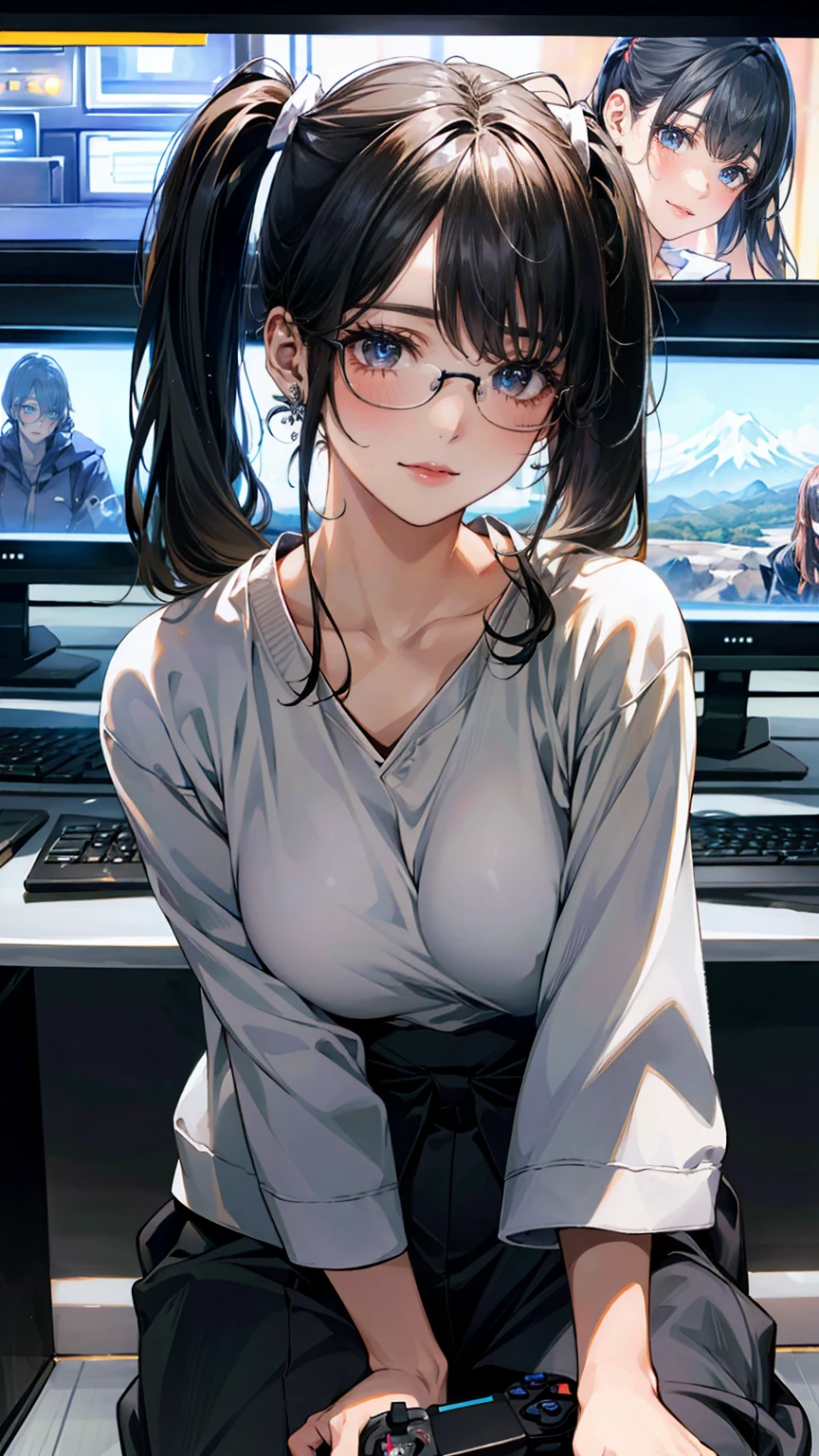 (masterpiece:1.3, top-quality, ultra high res, ultra detailed), (realistic, photorealistic:1.4), beautiful illustrations, perfect lighting, natural lighting, colorful, depth of fields,
looking at the viewer, upper body, (front view), 1 girl, perfect face, cute symmetrical face, shiny skin, baby face, long eyelash, (large breasts), (wide hips),
beautiful detailed hair, beautiful detailed face, beautiful detailed eyes, beautiful body, beautiful clavicle, beautiful breasts, beautiful thighs, beautiful feet, beautiful fingers,
(beautiful scenery, seductive smile, upper eye), beautiful girl, glasses, pigtails, (only sweatshirt), game controller, headphone,
(multiple computers:1.5), (dark room:1.5), sitting on the floor, under the covers, (disheveled, japanese room:1.2, lots of game consoles), erotic game,