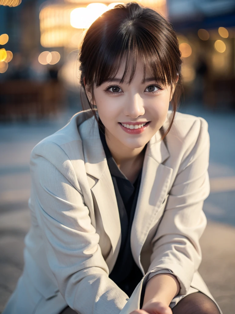 8k, (Raw photo:1.2), (Photorealsitic), Beautiful detailed, Famous popular actresses、 (Real: 1.4), extremely detailed eye and face, beatiful detailed eyes, ((Dazzling night illumination plaza:1.2)), ((Women's Suits:1.3, Ultra-realistic pantyhose:1.2))、selfee、Instagram、harsh trial, Please look at the camera and raise your hand、huge filesize, hight resolution, ighly detailed, top-quality, [​masterpiece:1.6], illustratio, ighly detailed, nsfw, finely detail, top-quality, 8k wallpaper, Cinematographic lighting, 1 milf, 21 year old, perfect body type, Beautiful big drooping eyes、Pieckfinger, ((masutepiece)), Best Quality, eye shadow,  high-heels、Portrait、(Very affectionate smile:1.2)、realistic skin textures、shinny skin、Exposed thighs, low angle photo,
