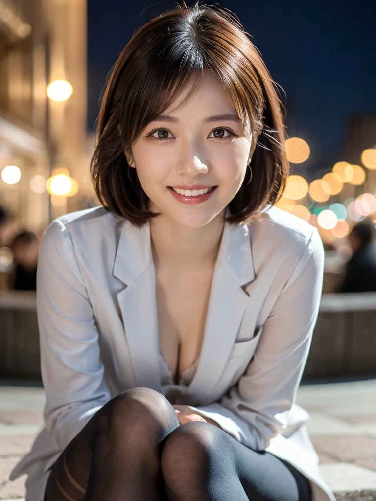 A scene of a woman wearing a low-cut suit sitting in a chair and flashing her best smile in a love hotel at night in a city lit up by neon lights.