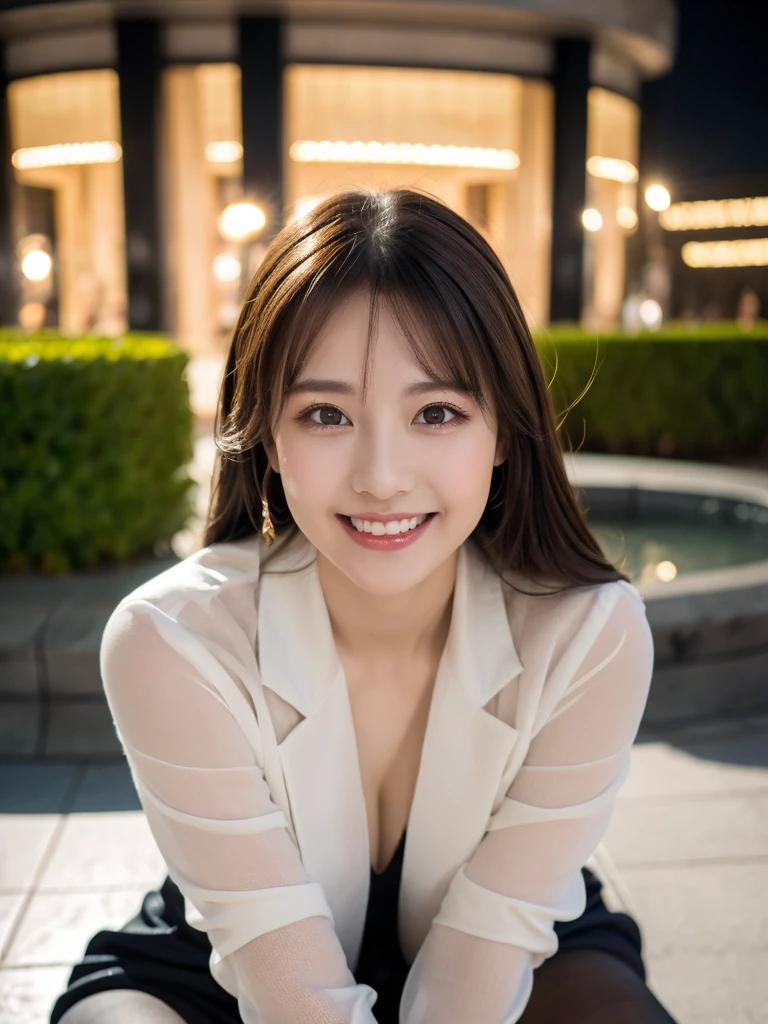 8k, (Raw photo:1.2), (Photorealsitic), Beautiful detailed, Famous popular actresses、 (Real: 1.4), extremely detailed eye and face, beatiful detailed eyes, ((Dazzling night illumination plaza:1.2)), ((Women's Suits:1.3, Ultra-realistic pantyhose:1.2))、selfee、Instagram、harsh trial, Please look at the camera and raise your hand、huge filesize, hight resolution, ighly detailed, top-quality, [​masterpiece:1.6], illustratio, ighly detailed, nsfw, finely detail, top-quality, 8k wallpaper, Cinematographic lighting, 1 milf, 21 year old, perfect body type, Beautiful big drooping eyes、Pieckfinger, ((masutepiece)), Best Quality, eye shadow,  high-heels、Portrait、(Very affectionate smile:1.2)、realistic skin textures、shinny skin、Exposed thighs, low angle photo,