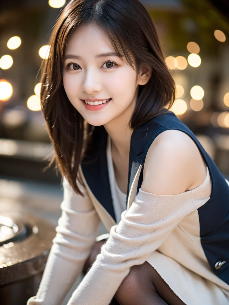 8k, (Raw photo:1.2), (Photorealsitic), Beautiful detailed, Famous popular actresses、 (Real: 1.4), extremely detailed eye and face, beatiful detailed eyes, ((Dazzling night illumination plaza:1.2)), ((Women's Suits:1.3, Ultra-realistic pantyhose:1.2))、selfee、Instagram、harsh trial, Please look at the camera and raise your hand、huge filesize, hight resolution, ighly detailed, top-quality, [​masterpiece:1.6], illustratio, ighly detailed, nsfw, finely detail, top-quality, 8k wallpaper, Cinematographic lighting, 1 milf, 21 year old, perfect body type, Beautiful big drooping eyes、Pieckfinger, ((masutepiece)), Best Quality, eye shadow,  high-heels、Portrait、(Very affectionate smile:1.2)、realistic skin textures、shinny skin、Exposed thighs, low angle photo,