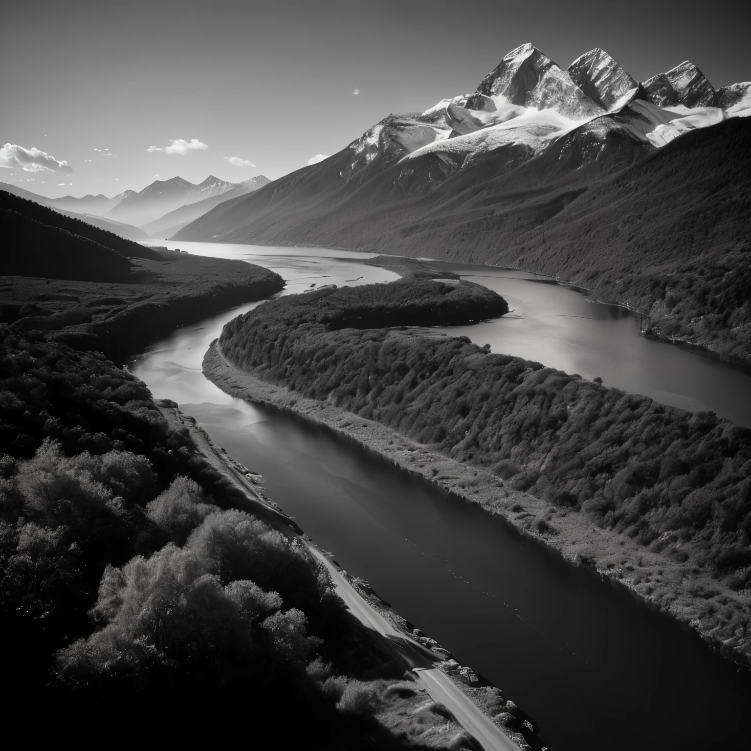 Black and white photo，There is a mountain in the photo，There is a river running through the mountains, ansel!!! addams!!!. Wheel within wheel, Dramatic black and white, Nicolas Delort, ansel ], 4k greyscale hd photography, author：Cedric Peravone, wayne barlowe pierre pellegrini, 受到ansel·addams的启发, Max Reeve, Grayscale photography, Sebastiao Salgado