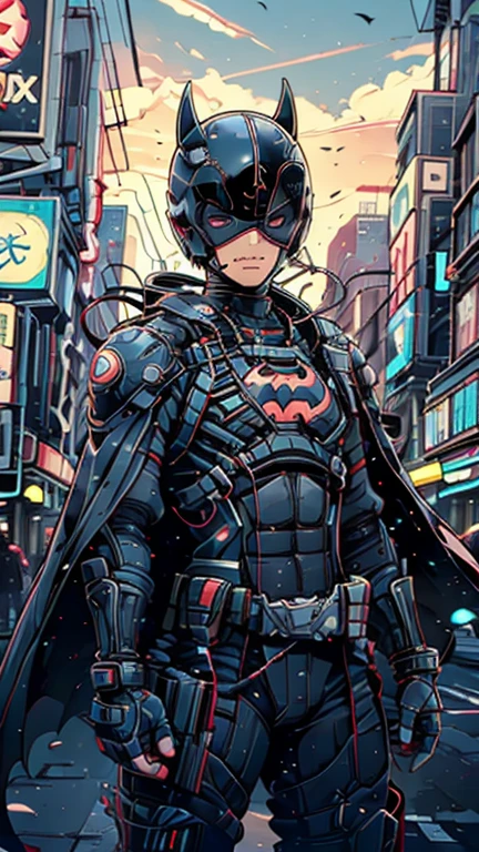 (8k),(masterpiece),(Japanese),(-yeld bo((innocent look)),((Childish)),From the front,smile,cute,Innocent,Kind eyes,Flat chest, Black Helmet, Black Domino Mask, Black Cape, Batman Costume,short,Hair covered by the helmet,Black Hair,Strong wind,night,dark, Neon light cyberpunk city