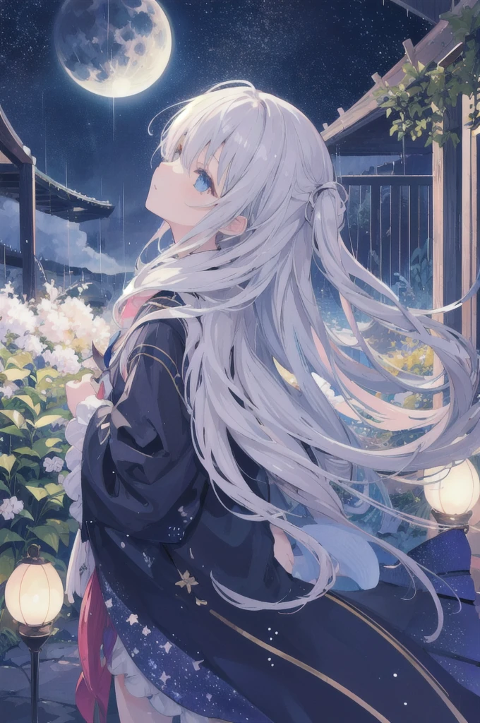 One girl,nightの街,rain, large room、look up、 night, moon, plant, star空、, star , night空、star座、dynamic、 scenery, moon、Ultra HD、Different dimension、cloud