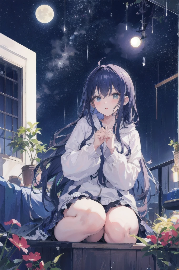 One girl,nightの街,rain, large room、look up、 night, moon, plant, star空、, star , night空、star座、dynamic、 scenery, moon、Ultra HD、Different dimension、cloud