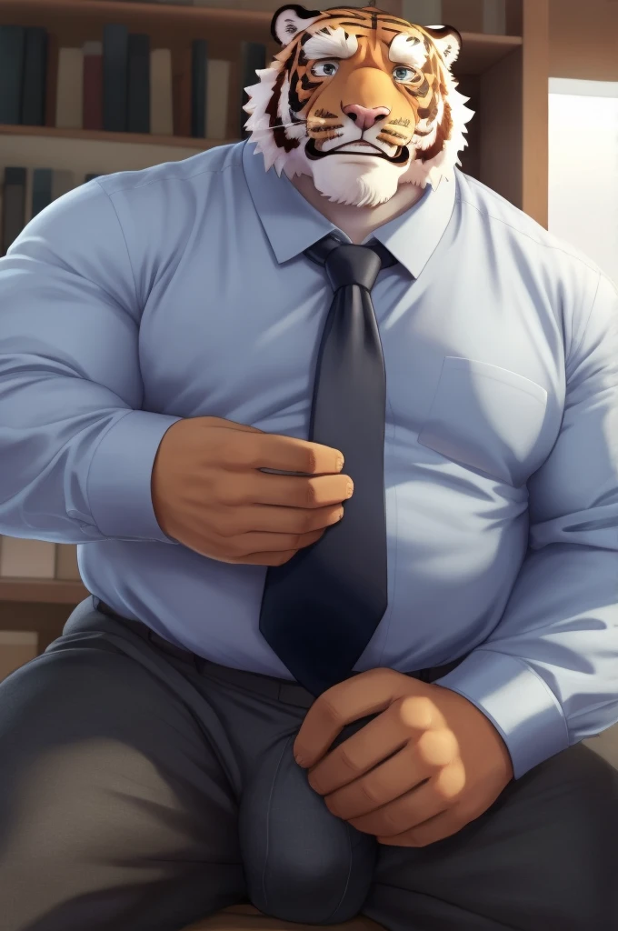 Author: bontiage, (1 boy), One, tiger, big bulge crotch, boner, pants, long sleeve plain shirt, necktie, Men's Second, kemono, hot body, muscle, Beautiful, sexual, Attractive guy, (Detailed black eyes), brows, (masterpiece, A high resolution, Best quality), 4K, a male, Beautiful shadow, evil grin, front side