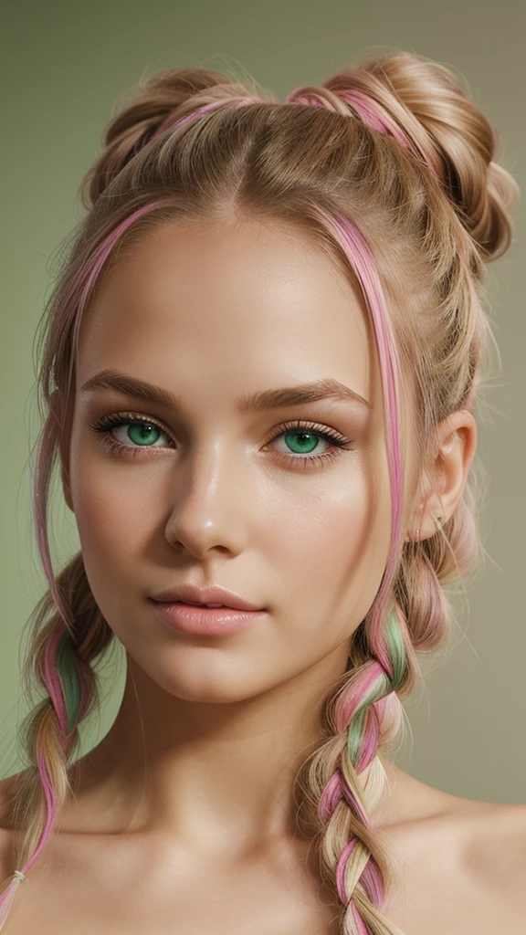 portrait, photorealistic, realistic, girl, beautiful green eyes, clear skin, soft makeup, long streaked green/pink hair, ponytail, braids, bangs, realistic soft skin, tight body.