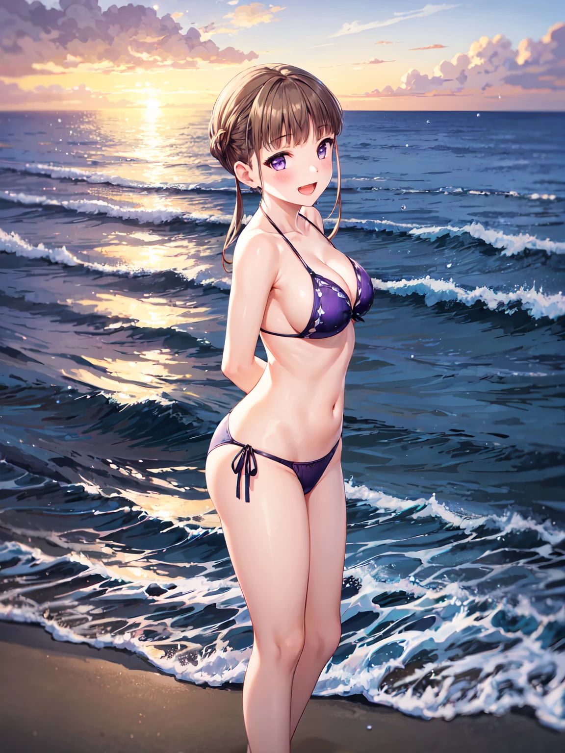 Masterpiece ,best quality , high resolution , (1 girl solo:1.38) , (nemu manaka, brown hair, sidelocks, (purple eyes:1.1), tall, slim body) , (wear bikini , head tilt) , (cleavage:1.2) , (medium breast:1.28) , (arms behind back , hand behind back) , (outdoor , sunset , dusk , on neach , sea , ocean , romance light , water , mositure , droplet) , (standing cowboy shot) , ( full face blush , shy , smile , open mouth) , (front view, face view , look at viewer)