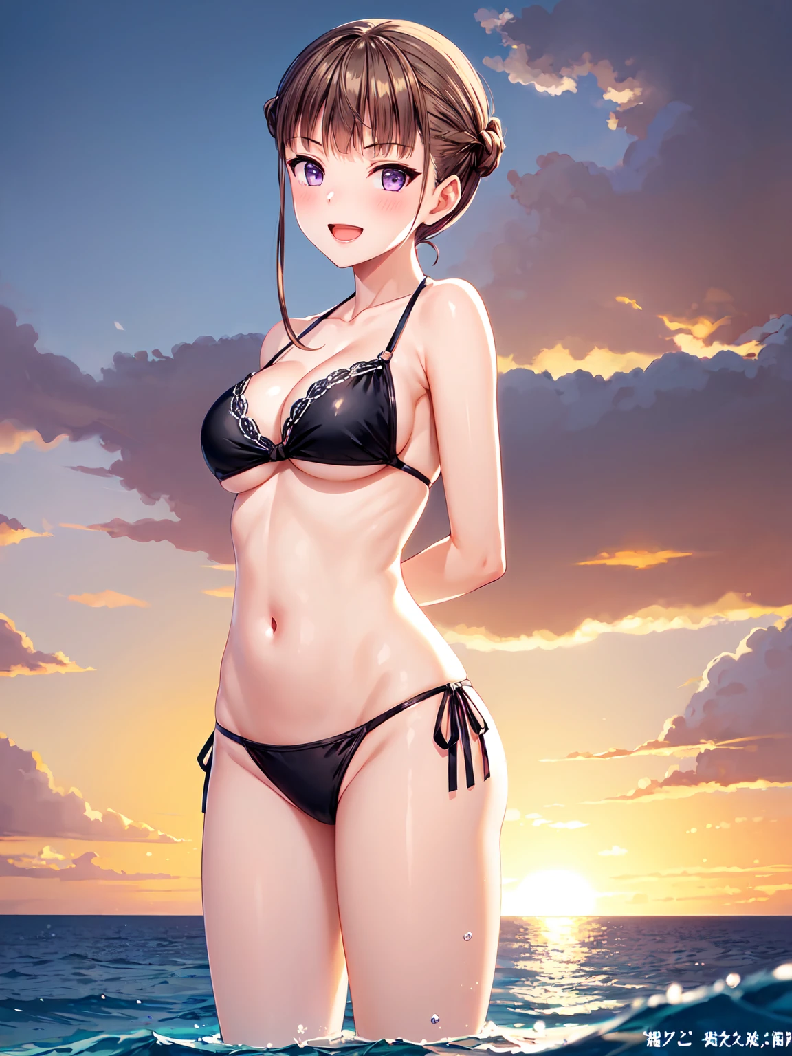 Masterpiece ,best quality , high resolution , (1 girl solo:1.38) , (nemu manaka, brown hair, sidelocks, (purple eyes:1.1), tall, slim body) , (wear bikini , head tilt) , (cleavage:1.2) , (medium breast:1.28) , (arms behind back , hand behind back) ,  (outdoor , sunset , dusk , on neach , sea , ocean , romance light , water , mositure , droplet) , (standing cowboy shot) , ( full face blush , shy , smile , open mouth) , (front view, face view , look at viewer)