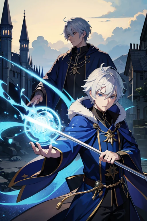 masterpiece, Highest quality, High resolution，Anime Style、Silver Hair、Short Hair、male、Wizard、Robe、magic、Blue Flame、With an ancient castle in the background、With a long cane