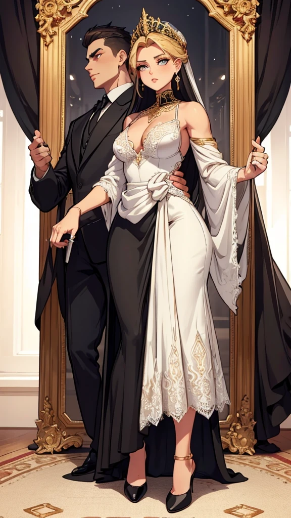 A feminine but muscular figure, a few centimeters larger than a typical human. She is dressed in a black suit with a small black skirt and high heels., although the outfit is designed to look like a wedding dress. The waist up is covered in a white fabric with intricate lace details. It is covered with golden jewels, a golden collar, earrings and a ring.