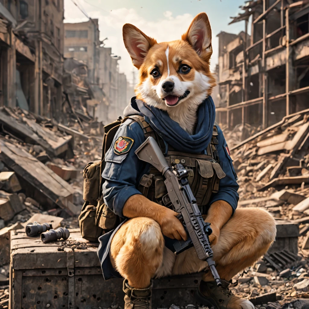 anime artwork (Highest Quality, 4k, masterpiece:1.1), (realism, photorealistic:1.4), ray traced, hyper realism, soft lighting, detailed background, film grain, (detailed fur texture:1.3),
BREAK
(anthro female corgi), ((wearing post apocalyptic outfit:1.2)), inside a destroyed city after nuclear blast, sitting on a ammonition chest,looking down from a hill, holding a gun, looking angry, visible fangs (perfect anatomy),((paws)), (aurora borealis), (close up:1.3) . anime style, key visual, vibrant, studio anime, highly detailed, high quality photography, 3 point lighting, flash with softbox, 4k, Canon EOS R3, hdr, smooth, sharp focus, high resolution, award winning photo, 80mm, f2.8, bokeh