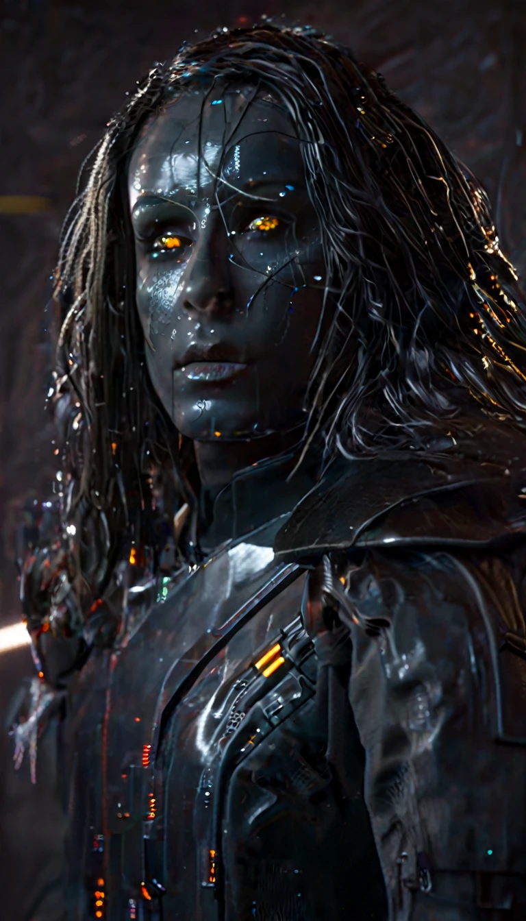 battle damage , missing arm ,bright yellow eyes, ultra-detailed,vibrant colors,sci-fi,portrait,dramatic lighting,detailed facial features,dark background,long hair,glowing eyes,futuristic clothing,expressionless face,metallic texture,bright highlights,high contrast,radiant colors,artificial intelligence theme,sharp focus,technological elements,shadows and highlights,ethereal glow,neon lights,stormy atmosphere,otherworldly setting,unconventional composition,sharp lines,sleek design,mysterious atmosphere,unearthly beauty,digital enhancements,advanced technology,glowing circuitry,abstract background,ominous presence,subtle reflections,energetic pose,unique perspective,foreshortening effect,symmetrical composition,imposing presence,dynamic energy,striking visual impact,translucent overlays,organic and mechanical fusion.
