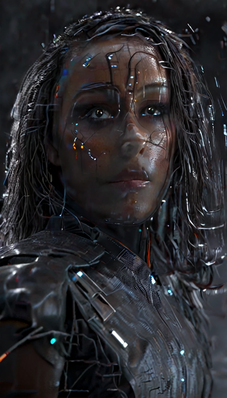 battle damage , missing arm ,bright yellow eyes, ultra-detailed,vibrant colors,sci-fi,portrait,dramatic lighting,detailed facial features,dark background,long hair,glowing eyes,futuristic clothing,expressionless face,metallic texture,bright highlights,high contrast,radiant colors,artificial intelligence theme,sharp focus,technological elements,shadows and highlights,ethereal glow,neon lights,stormy atmosphere,otherworldly setting,unconventional composition,sharp lines,sleek design,mysterious atmosphere,unearthly beauty,digital enhancements,advanced technology,glowing circuitry,abstract background,ominous presence,subtle reflections,energetic pose,unique perspective,foreshortening effect,symmetrical composition,imposing presence,dynamic energy,striking visual impact,translucent overlays,organic and mechanical fusion.