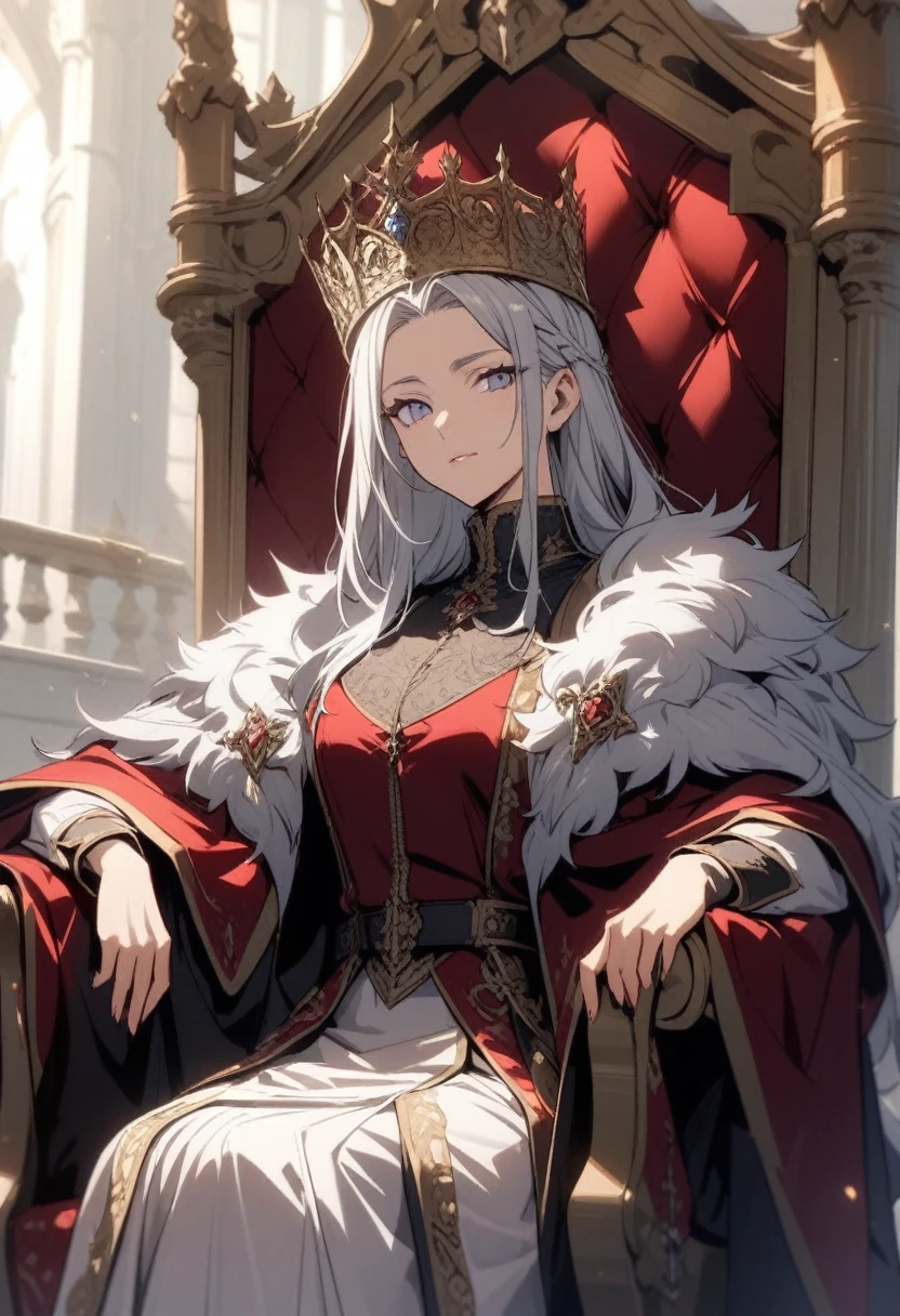 A magnificent king sitting on the throne, European,detailed face,25years old,woman