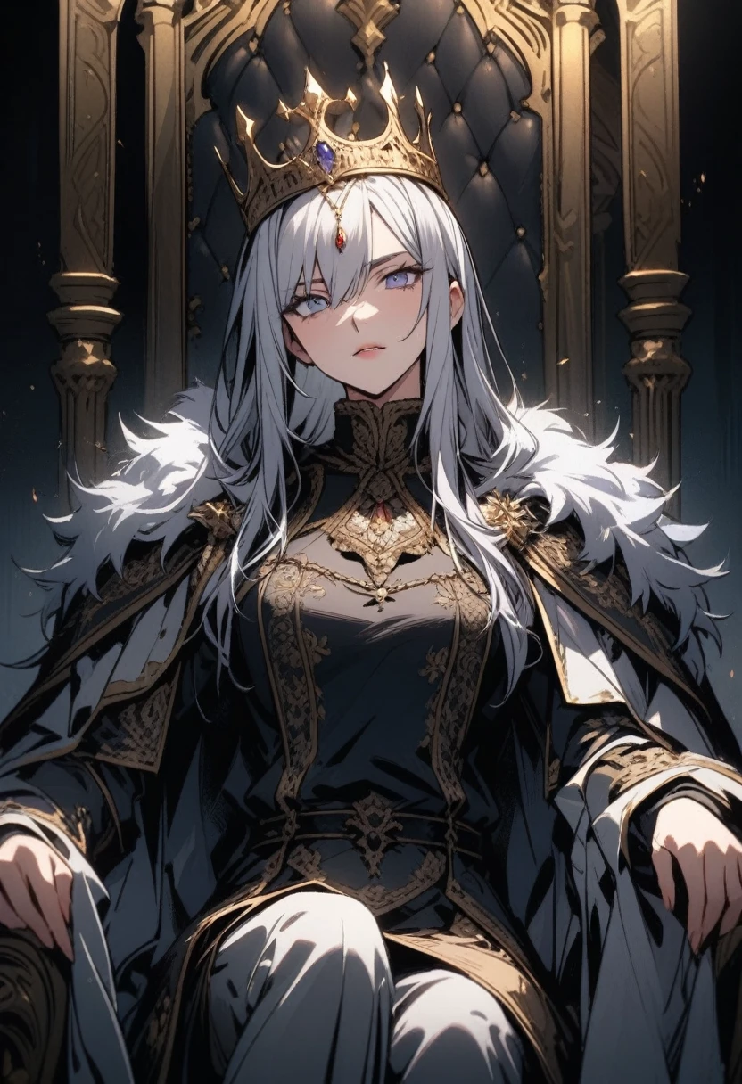A magnificent king sitting on the throne, European,detailed face,25years old,woman