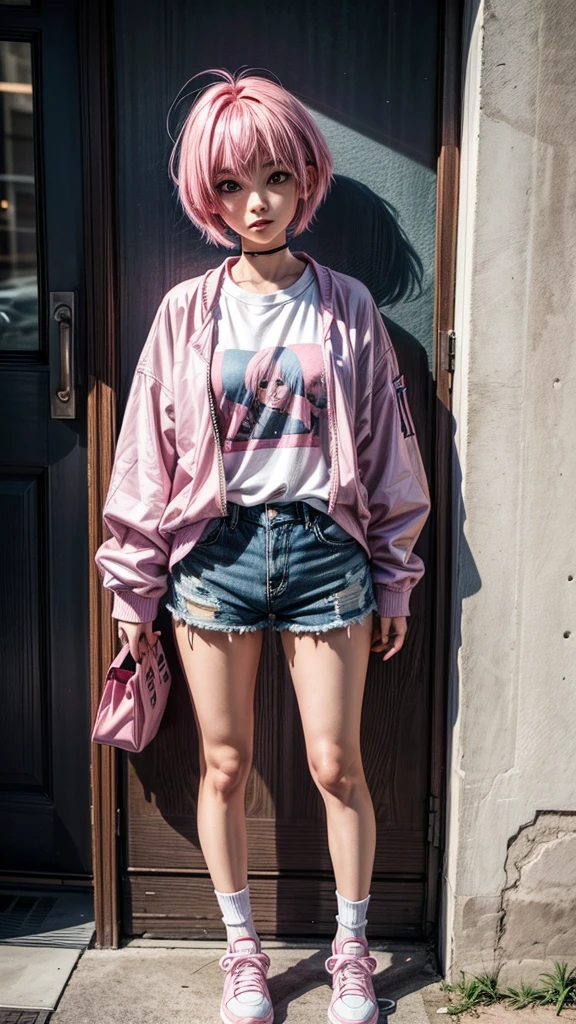 An 25 years old anime girl with pink Bob hairs, big black eyes, she's wearing blue T-shirt, modern short white full sleeves jacket, pink shorts and white shoes, standing, her face and earrings are incredibly cute