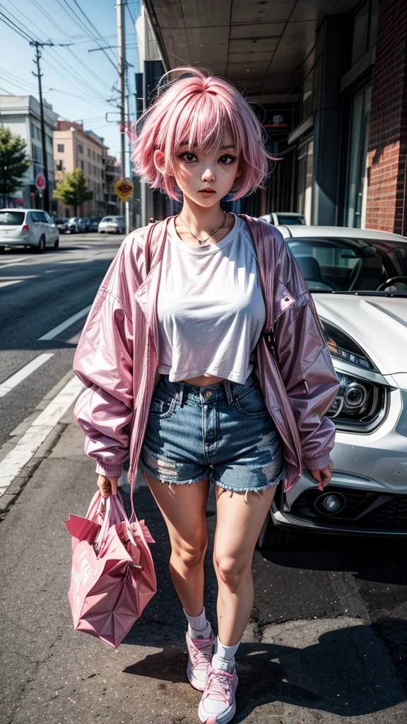 An 25 years old anime girl with pink Bob hairs, big black eyes, she's wearing blue T-shirt, modern short white full sleeves jacket, pink shorts and white shoes, standing, her face and earrings are incredibly cute