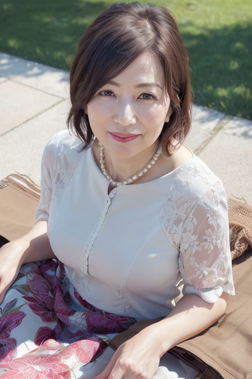 Beautiful mature 55 year old Japanese woman, Married women, Fine Lines, Long eyelashes, Shining Eyes, Bob Cut Hair, smile, Red lipstick, elegant, Gorgeous figure, Pearl Necklace, Summer clothes, Low-cut blouse, Floral print slit skirt, whole body, sunny, lying on the green grass, Sleep on your back, (Highest quality,4K,8K,High resolution,masterpiece:1.2),Very detailed,(Realistic,photoRealistic,photo-Realistic:1.37),High resolution,超High resolution,Studio Lighting,Ultra-fine painting,Sharp focus,Physically Based Rendering,Very detailed説明,Professional,Vibrant colors,Bokeh,Portraiture