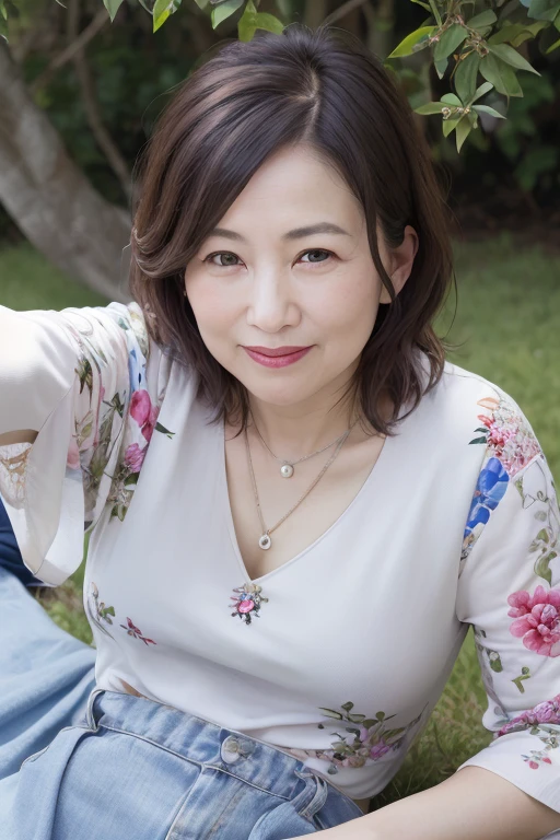 Beautiful mature 55 year old Japanese woman, Married women, Fine Lines, Long eyelashes, Shining Eyes, Bob Cut Hair, smile, Red lipstick, elegant, Gorgeous figure, Pearl Necklace, Summer clothes, Low-cut blouse, Floral print slit skirt, whole body, sunny, lying on the green grass, Sleep on your back, (Highest quality,4K,8K,High resolution,masterpiece:1.2),Very detailed,(Realistic,photoRealistic,photo-Realistic:1.37),High resolution,超High resolution,Studio Lighting,Ultra-fine painting,Sharp focus,Physically Based Rendering,Very detailed説明,Professional,Vibrant colors,Bokeh,Portraiture