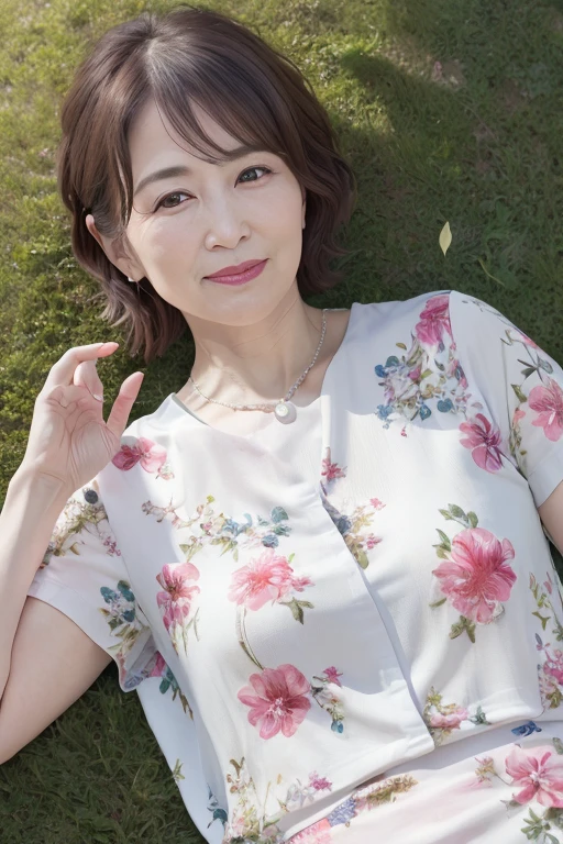 Beautiful mature 55 year old Japanese woman, Married women, Fine Lines, Long eyelashes, Shining Eyes, Bob Cut Hair, smile, Red lipstick, elegant, Gorgeous figure, Pearl Necklace, Summer clothes, Low-cut blouse, Floral print slit skirt, whole body, sunny, lying on the green grass, Sleep on your back, (Highest quality,4K,8K,High resolution,masterpiece:1.2),Very detailed,(Realistic,photoRealistic,photo-Realistic:1.37),High resolution,超High resolution,Studio Lighting,Ultra-fine painting,Sharp focus,Physically Based Rendering,Very detailed説明,Professional,Vibrant colors,Bokeh,Portraiture