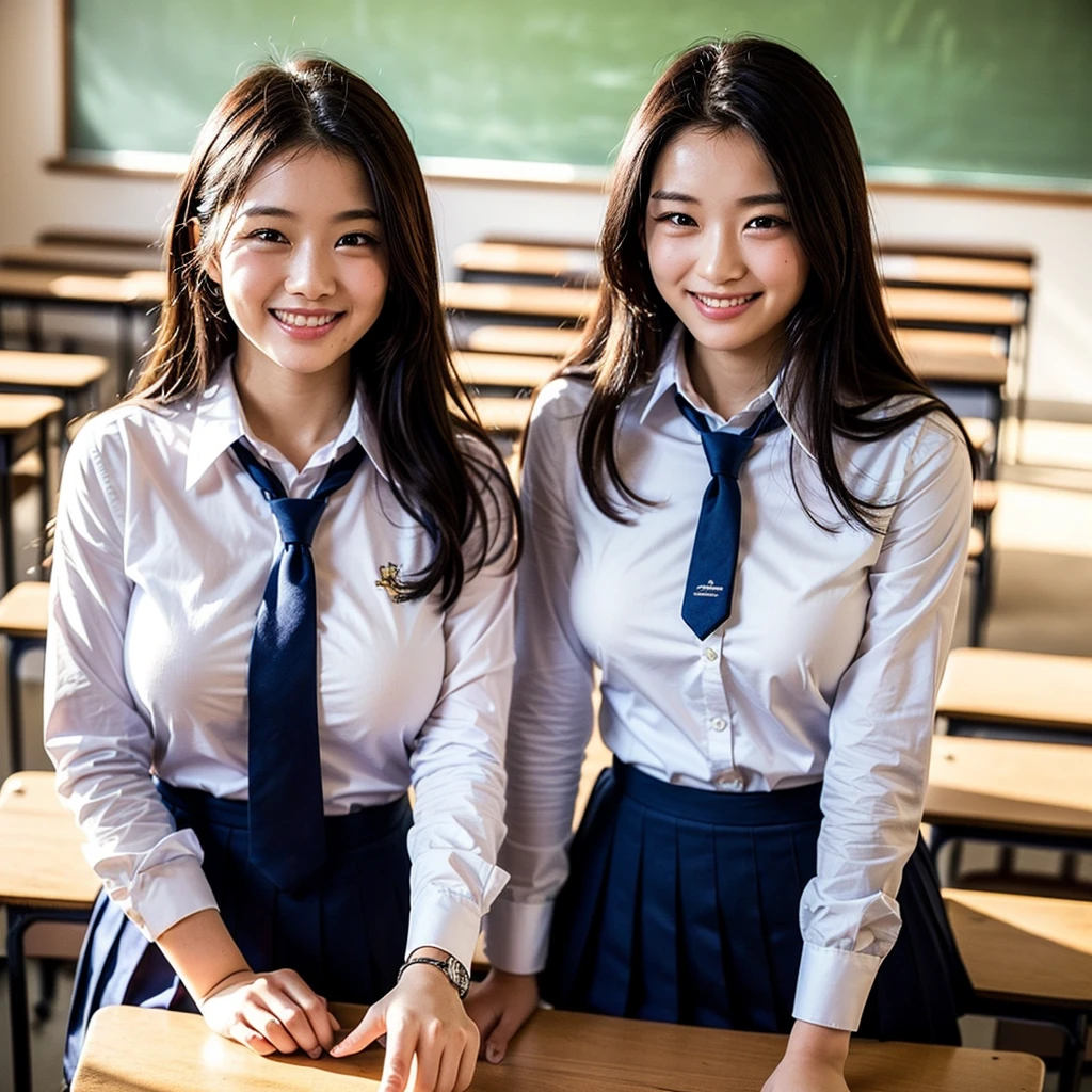 ((Beautiful girls:1.3)) ((school uniform:1.5))  (((smile:1.2)) ((Big Breasts:1.2))  Highest quality,Tabletop,超A high resolution,(Realistic:1.4),RAW Photos,(Real skin texture:1.3),(Film Grain:1.3),Panorama,Character Portrait,Very wide shot,Tight waist,Cowboy Shot,(In the Dark, Deep Shadow, Low Key, Cold Light,) night,(()),Tears flow,,Dust,Tyndall effect,(Performance),,Beautiful and detailed eyes and face,Brown eyes, ((whole body:1.3)) ((In the classroom)) ((close))																									