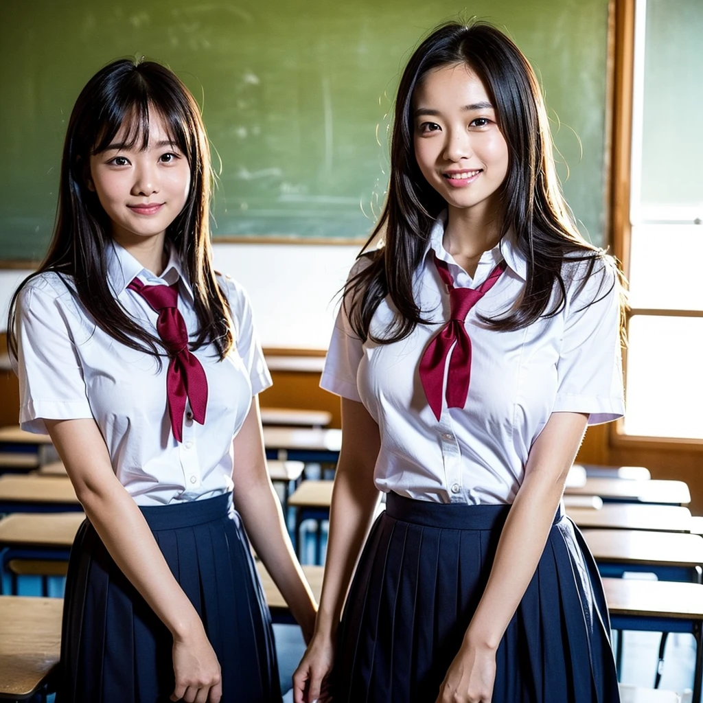 ((Beautiful girls:1.3)) ((school uniform:1.5)) (((smile:1.2)) ((Big Breasts:1.2)) Highest quality,Tabletop,超A high resolution,(Realistic:1.4),RAW Photos,(Real skin texture:1.3),(Film Grain:1.3),Panorama,Character Portrait,Very wide shot,Tight waist,Cowboy Shot,(In the Dark, Deep Shadow, Low Key, Cold Light,) night,(()),Tears flow,,Dust,Tyndall effect,(Performance),,Beautiful and detailed eyes and face,Brown eyes, ((whole body:1.3)) ((In the classroom)) ((close))