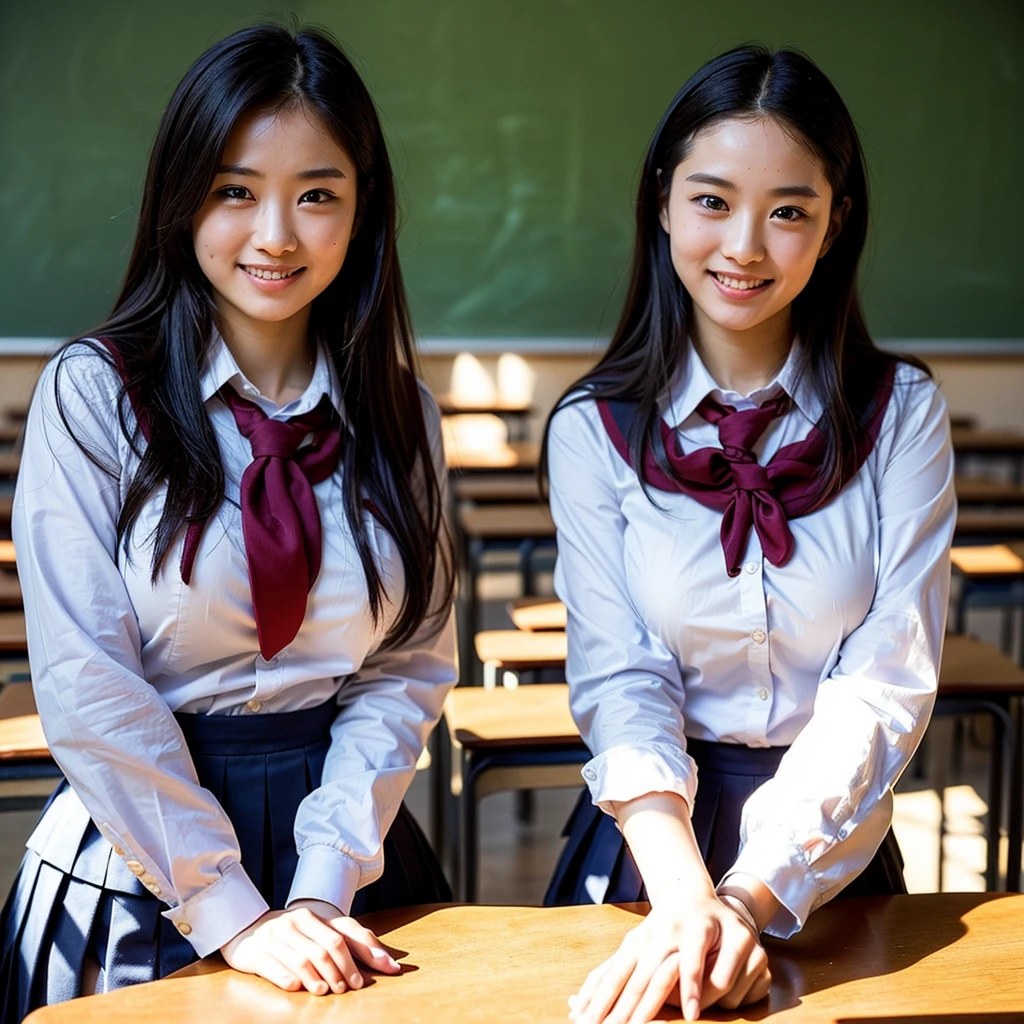 ((Beautiful girls:1.3)) ((school uniform:1.5)) (((smile:1.2)) ((Big Breasts:1.2)) Highest quality,Tabletop,超A high resolution,(Realistic:1.4),RAW Photos,(Real skin texture:1.3),(Film Grain:1.3),Panorama,Character Portrait,Very wide shot,Tight waist,Cowboy Shot,(In the Dark, Deep Shadow, Low Key, Cold Light,) night,(()),Tears flow,,Dust,Tyndall effect,(Performance),,Beautiful and detailed eyes and face,Brown eyes, ((whole body:1.3)) ((In the classroom)) ((close))