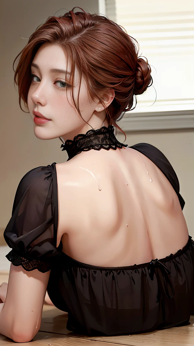 ((((masterpiece, best quality, high resolution)))), Extremely detailed 8K, Beautiful girl with voluptuous body, (crawling on the ground), (cleaning the floor), (seductive crawling on the floor), open legs, back view, (Realistic red hair), (wavy single hair bun), (embarrassed), (beautiful face), (smile), aroused expression, seductive look, lustful eyes, flushed cheeks, parted lips, blush, masterpiece, best quality, CG, HDR, illustration, wallpaper, absurdres, high-definition, extremely detailed, (sexy naughty maid dress:1.2), (wet panties), ((high heels)), (Ultra HD, Ultra-detailed, Highly detailed, Highly realistic, Ultra-realistic, photograph realistic)