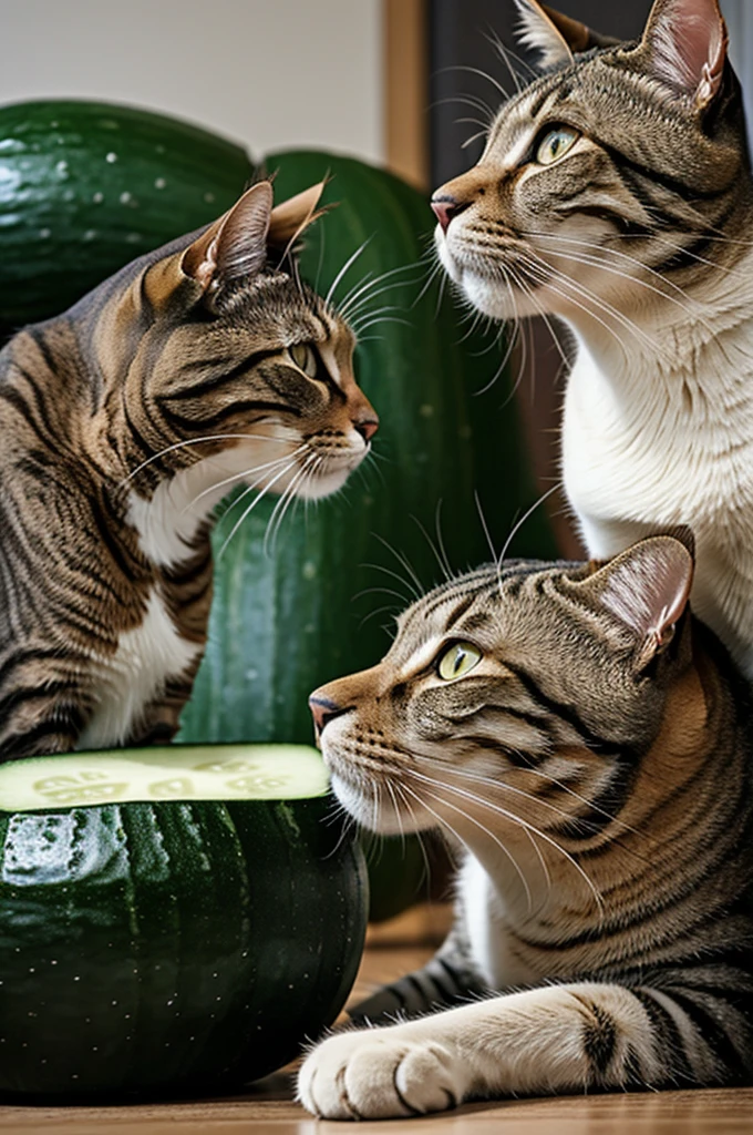 A cat smelling a cucumber 