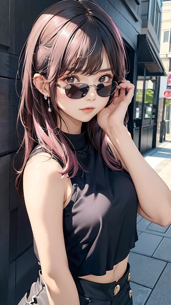 The image shows a woman in a black and pink sleeveless top, with her hands on her hips and sunglasses on her head.
